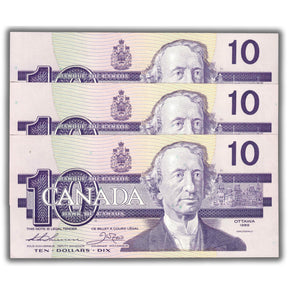 SOLD $10 1989 Bank of Canada Notes AEL Prefix BC-57a - 3 Consecutive AU