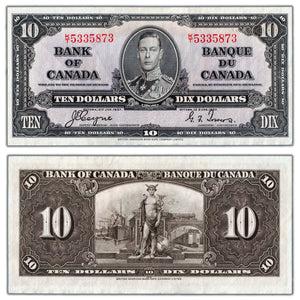 SOLD $10 1937 Bank of Canada Note Coyne-Towers K/T Prefix BC-24c - AU