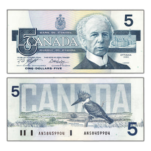 SOLD $5 1986 Bank of Canada Note Knight-Dodge ANS Prefix BC-56e-i - AU/UNC