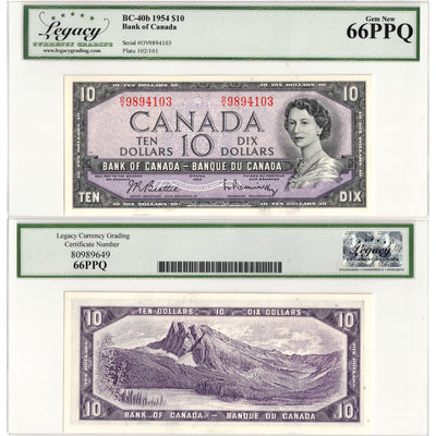 $10 1954 Bank of Canada Note Beattie-Rasminsky O/V Prefix BC-40b - Legacy Gem UNC-66 PPQ