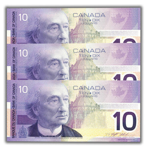 SOLD $10 2001 Bank of Canada Note Knight-Thiessen FDV Prefix BC-63a - 3 Consecutive