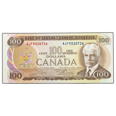 SOLD $100 1975 Bank of Canada Note Crow-Bouey AJF Prefix BC-52b - AU/UNC