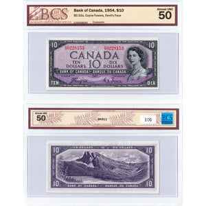 SOLD $10 1954 Bank of Canada Note Devil Face C/D Prefix BC-32a - BCS AU-50