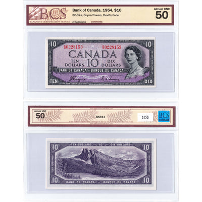 SOLD $10 1954 Bank of Canada Note Devil Face C/D Prefix BC-32a - BCS AU-50