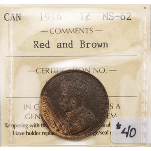 SOLD Canada 1916 1 Large Cent Coin - ICCS MS-62 RB