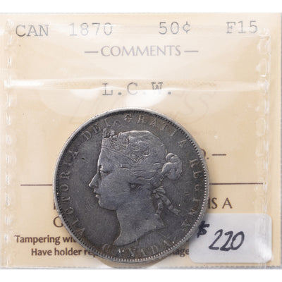 SOLD Canada 1870 L.C.W. 50 Cents Half Dollar Silver Coin - F-15