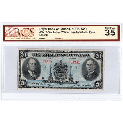 SOLD $20 1935 Royal Bank of Canada Chartered Note #630-18-06a - BCS VF-35