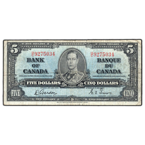 SOLD $5 1937 Bank of Canada Note Gordon-Towers O/C Prefix BC-23b