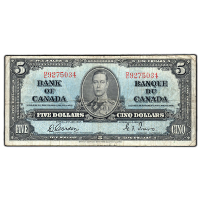 SOLD $5 1937 Bank of Canada Note Gordon-Towers O/C Prefix BC-23b