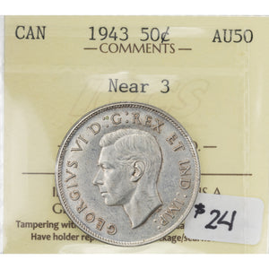 SOLD Canada 1943 Near 3 50 Cents Half Dollar Silver Coin - ICCS AU-50