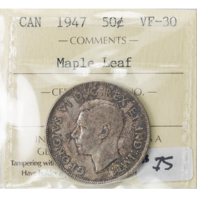 SOLD Canada 1947 Maple Leaf 50 Cents Half Dollar Silver Coin - ICCS VF-30