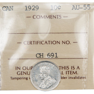 Canada 1929 10 Cents Dime Silver Coin - ICCS AU-55
