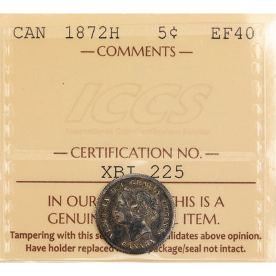 Canada 1872-H 5 Cents Silver Coin - ICCS EF-40