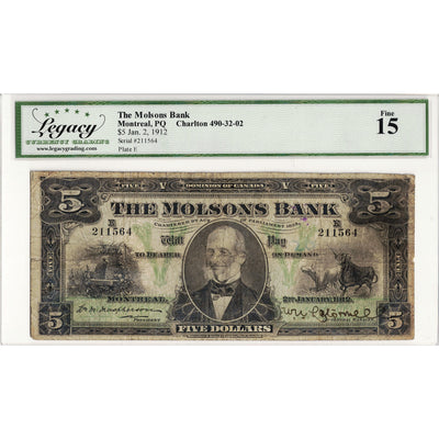 SOLD $5 1912 The Molsons Bank Canada Chartered Note #490-32-02 - Legacy F-15