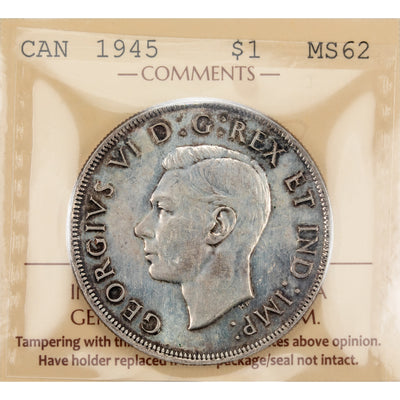Canada 1945 $1 Silver Dollar Coin - ICCS MS-62