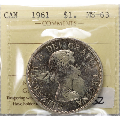 SOLD Canada 1961 $1 Silver Dollar Coin - ICCS MS-63