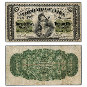 SOLD 25 Cents 1870 Dominion of Canada Note Shinplaster Plain DC-1c - Fine