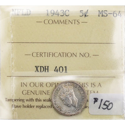 Newfoundland 1943c 5 Cents Silver Coin - ICCS MS-64