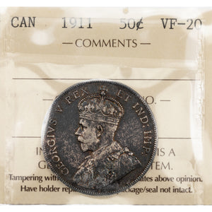 SOLD Canada 1911 50 Cents Half Dollar Silver Coin - ICCS VF-20