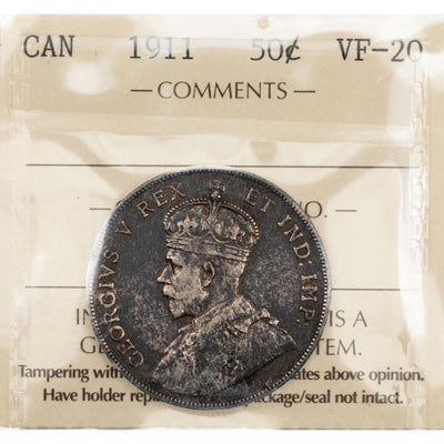 SOLD Canada 1911 50 Cents Half Dollar Silver Coin - ICCS VF-20