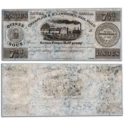 SOLD 15 Sous 7 1/2 Pence 1837 Champlain & St Lawrence Rail Road Remainder Note - UNC