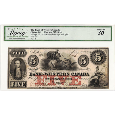 $5 1859 Bank of Western Canada Chartered Note #795-10-16 - Legacy VF-30