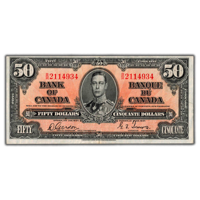 SOLD $50 1937 Bank of Canada Note Gordon-Towers B/H Prefix BC-26b - VF/EF