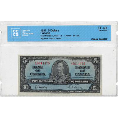 $5 1937 Bank of Canada Note Gordon-Towers L/C Prefix BC-23b - CCCS EF-40