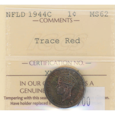 Newfoundland 1944 1 One Small Cent Coin - ICCS MS-62 Trace Red