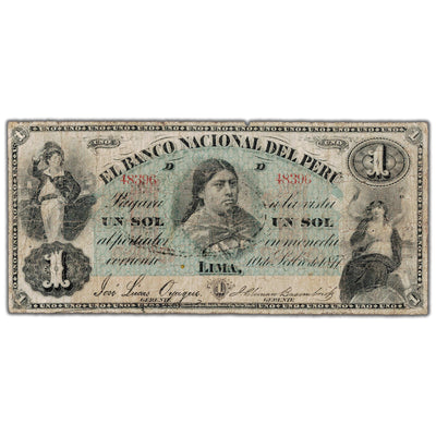 SOLD Peru El Banco Nacional 1877 1 One Sol Note P #S321 - Minor Pinholes