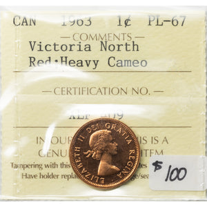 SOLD Canada 1963 1 Small Cent Coin - ICCS PL-67 Red HC Ex. Victoria North