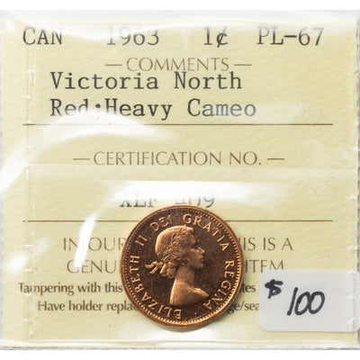 SOLD Canada 1963 1 Small Cent Coin - ICCS PL-67 Red HC Ex. Victoria North