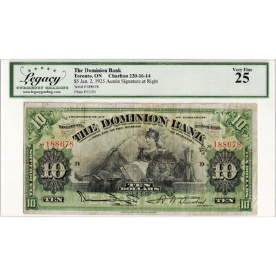 SOLD $10 1925 The Dominion Bank Canada Chartered Note #220-16-14 - Legacy VF-25
