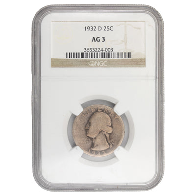 United States 1932-D 25 Cents Washington Quarter Silver Coin - NGC AG-3