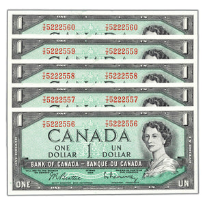 SOLD $1 1954 Bank of Canada Notes T/Z Prefix BC-37b-i - 5 Consecutive Choice Uncirculated