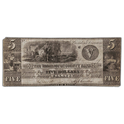 United States 1835 Washington County Bank $5 Five Dollars Obsolete Note - Missing Corner Tip