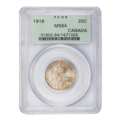 SOLD Canada 1918 25 Cents Quarter Silver Coin - PCGS MS-64 OGH