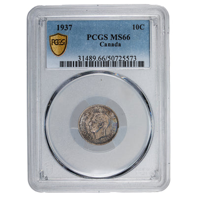 Canada 1937 10 Cents Dime Silver Coin - PCGS MS-66 Lovely Toning
