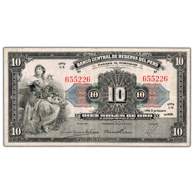 SOLD Peru 1938 10 Soles de Oro Note P #67a - VF