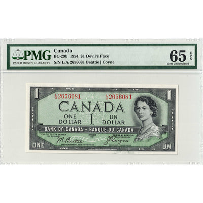 $1 1954 Bank of Canada Note Devil Face L/A Prefix BC-29b - PMG Gem UNC-65 EPQ