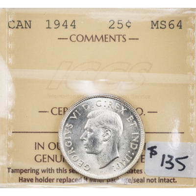 SOLD Canada 1944 25 Cents Quarter Silver Coin - ICCS MS-64