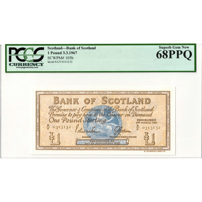 Scotland 1967 1 One Pound Note P #105b - PCGS Superb UNC-68 PPQ