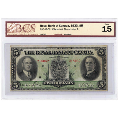 SOLD $5 1933 Royal Bank of Canada Chartered Note #630-16-02 - BCS F-15