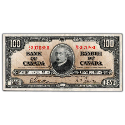 SOLD $100 1937 Bank of Canada Note Gordon-Towers B/J Prefix BC-27b - VF/EF (staining)