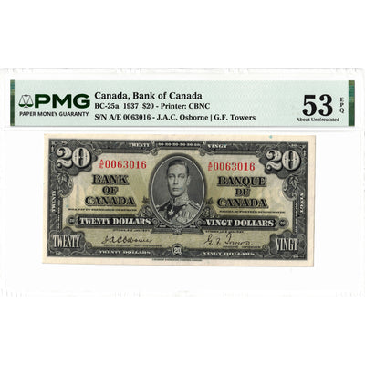 $20 1937 Bank of Canada Note Osborne Signature BC-25a - PMG AU-53 EPQ