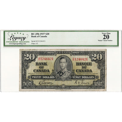 SOLD $20 1937 Bank of Canada Note Radar Serial 1246421 BC-25b - Legacy VF-20