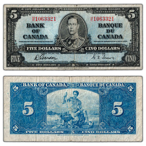 SOLD $5 1937 Bank of Canada Note Gordon-Towers H/C Prefix BC-23b - Tear