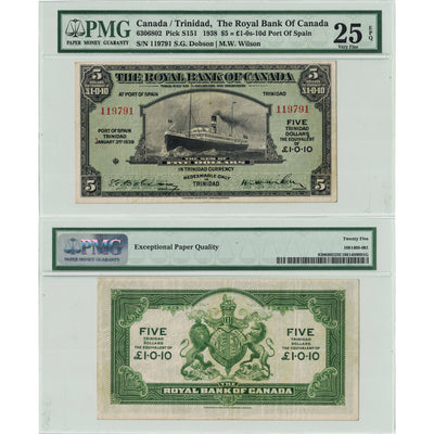 $5 1938 Royal Bank of Canada Trinidad Note #630-68-02 -PMG VF-25 EPQ