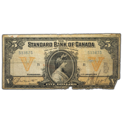 SOLD $5 1919 Standard Bank of Canada Chartered Note #695-18-12 - Damaged Filler