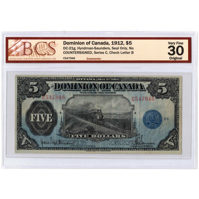 SOLD $5 1912 Dominion of Canada Note Seal Only series C DC-21g - BCS VF-30